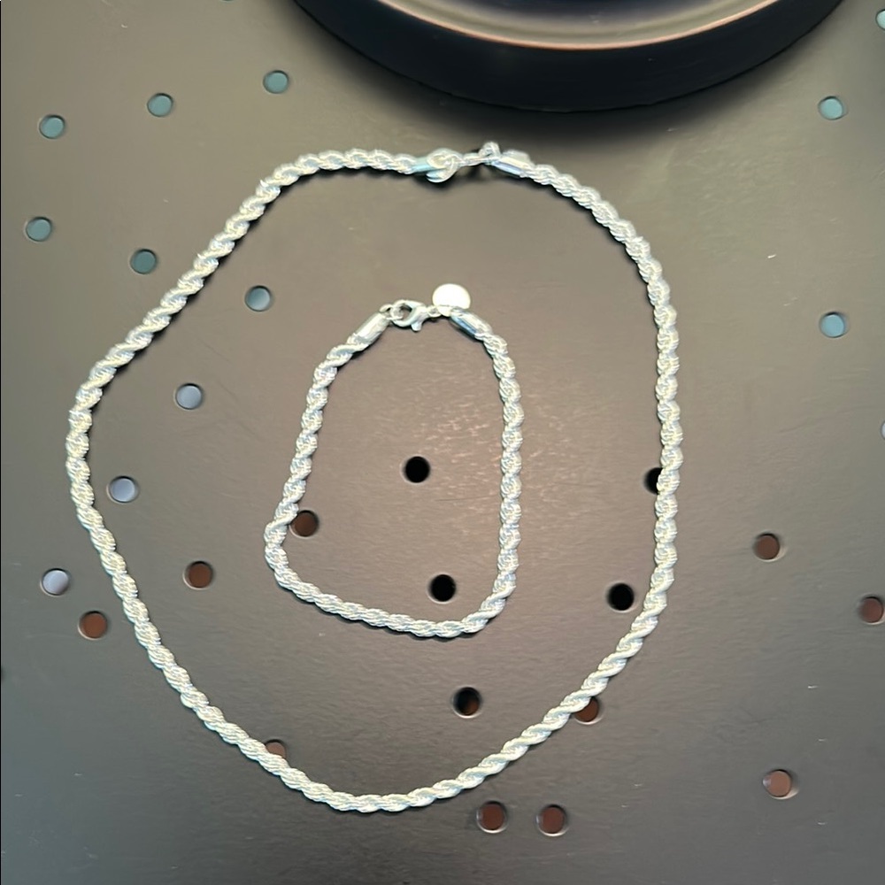 Silver Rope Chain Necklace and Bracelet Set